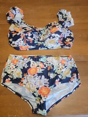 MeetCurve Ruffle Bikini Navy with Floral Print High Waist Bottom 3X NWT